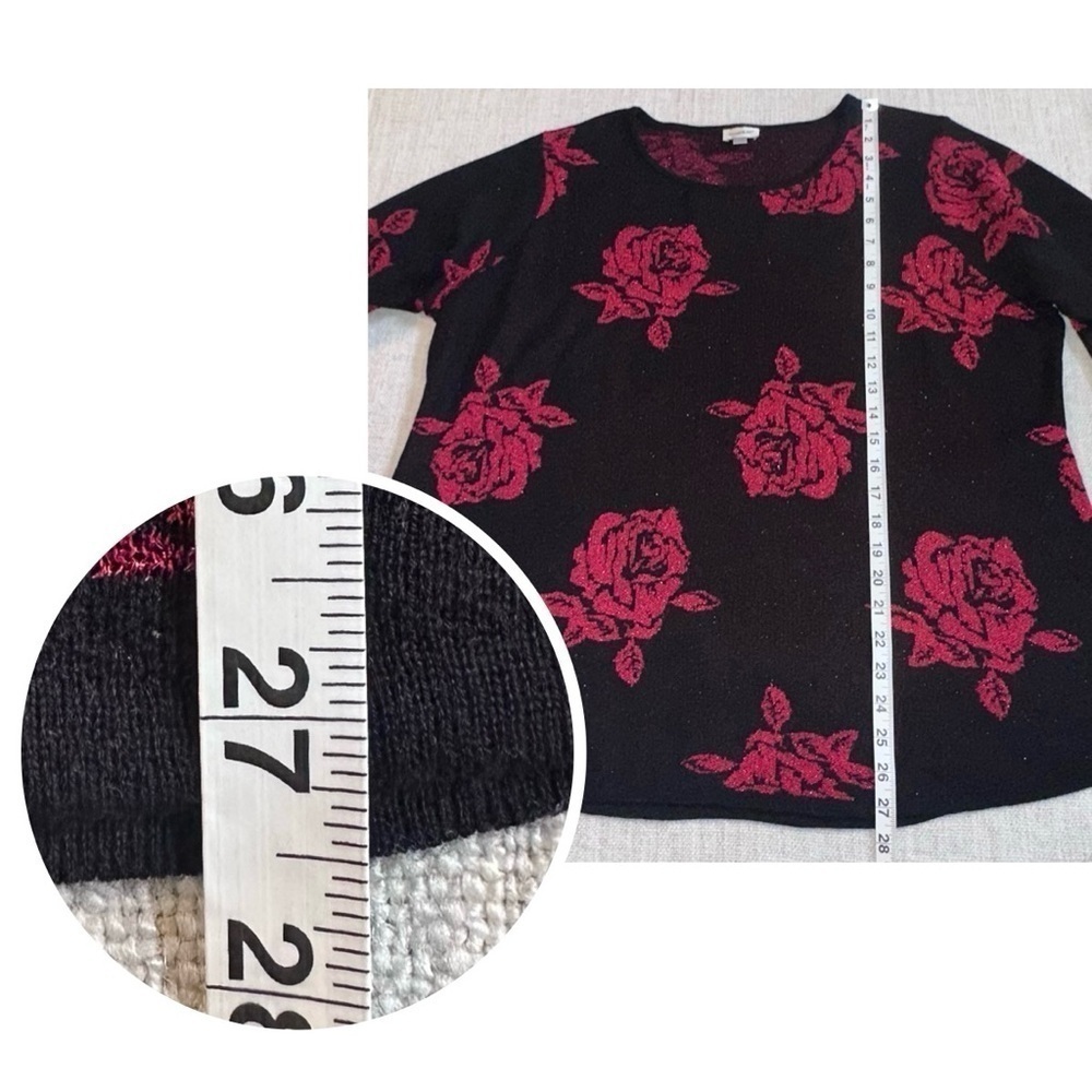 AVENUE Black Red Metallic Detail Rose Lightweight Sweater Whimsigoth Women 18/20 - Picture 10 of 12